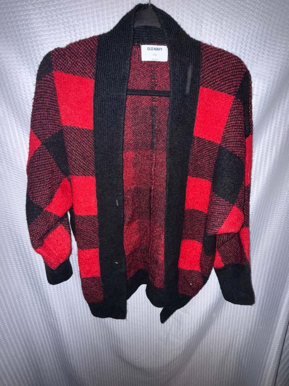 Old Navy Buffalo Plaid Open-Front Cardigan Sweater in Red and Black fits like sm